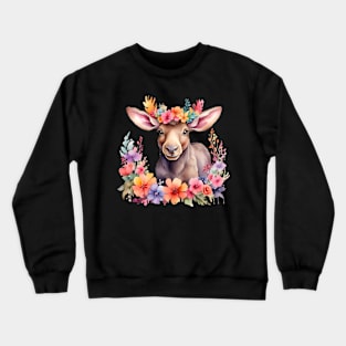 A moose decorated with beautiful watercolor flowers Crewneck Sweatshirt